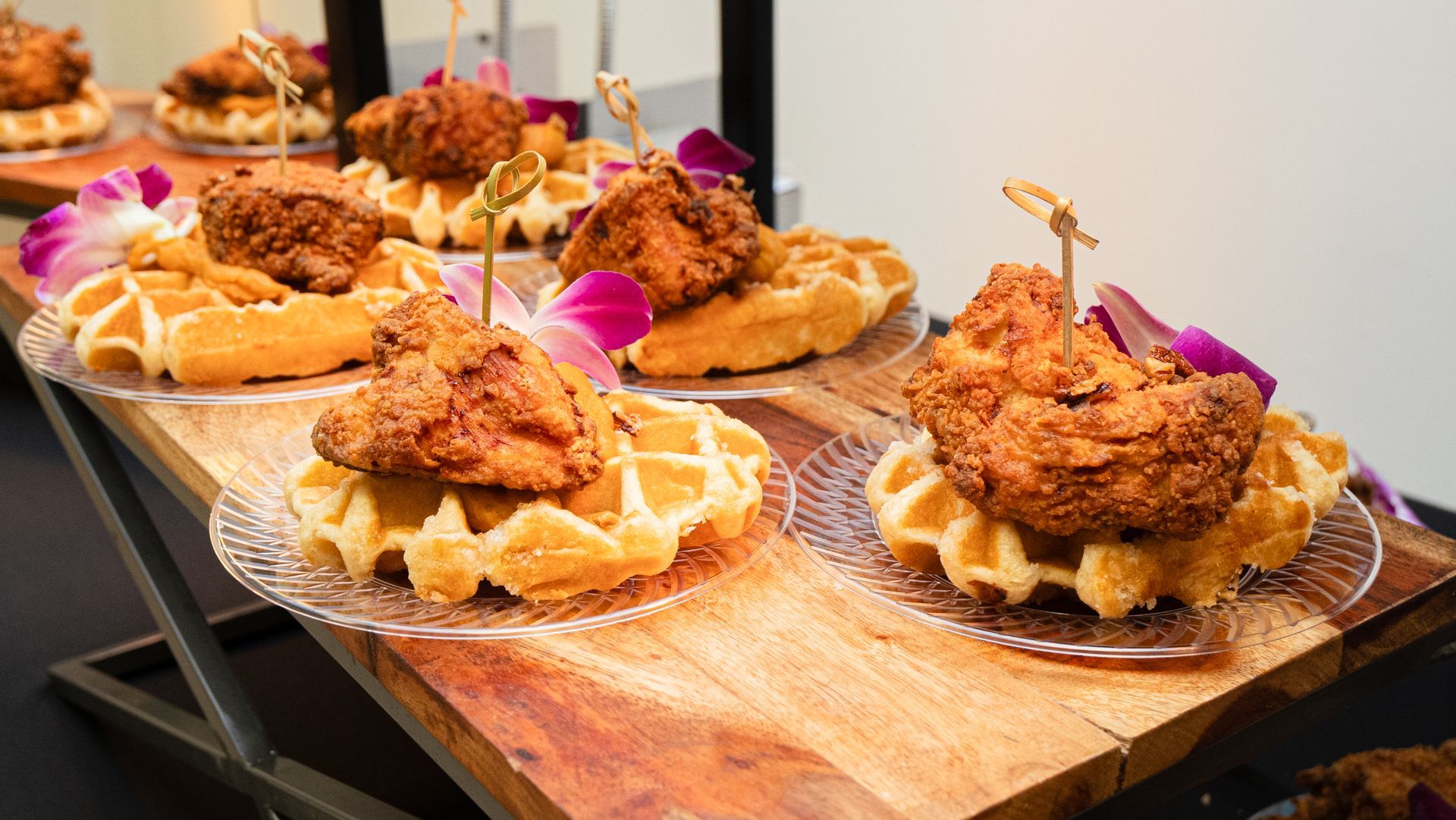 Photo of a display of golden Chicken and Waffles